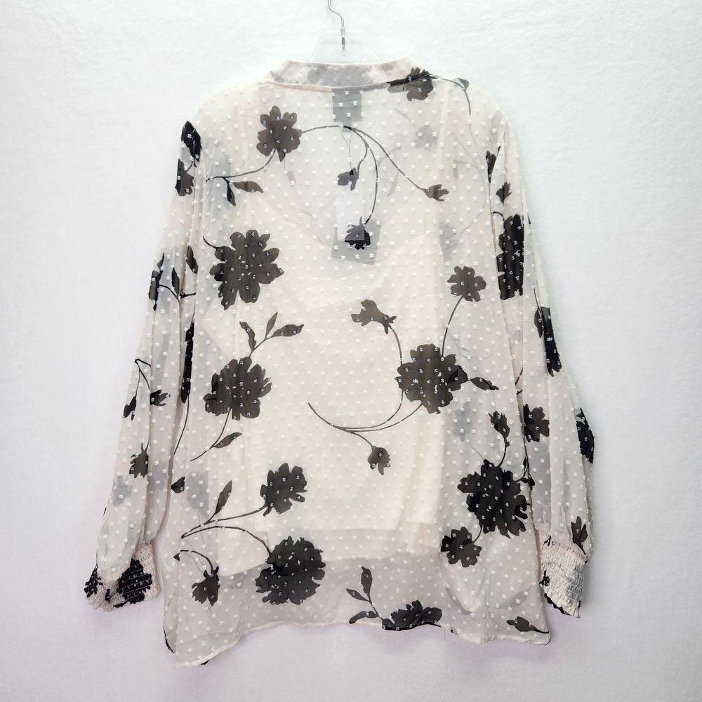 Bobeau Sheer Floral Swiss Dot Blouse‎ Long Sleeve Wrap Top White Black 3X Plus - Picture 2 of 10